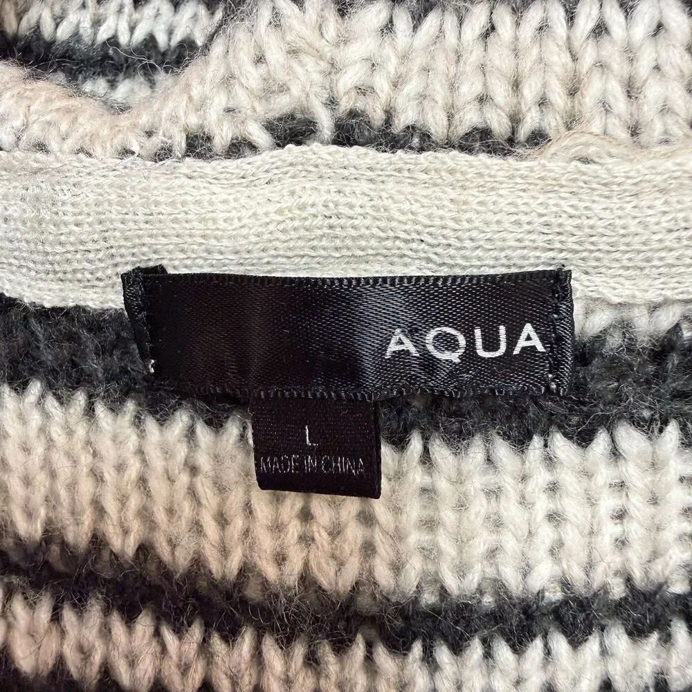 AQUA Chunky Knit Hoodie Sweater L Exposed Seams Casual Ivory Blacks Fringe $88